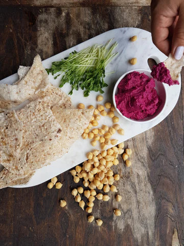 Raw beetroot and sprouted chickpea hummus dip