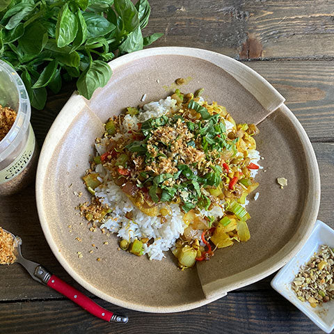 coconut rice with lentil stir fry