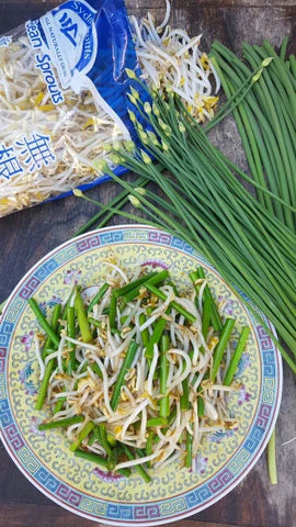 Stir fry garlic chives flower with bean sprouts