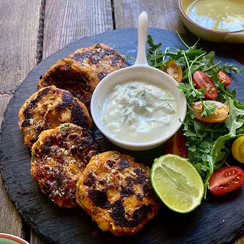 Homegrown chickpeas & lentils with sweet potato patties