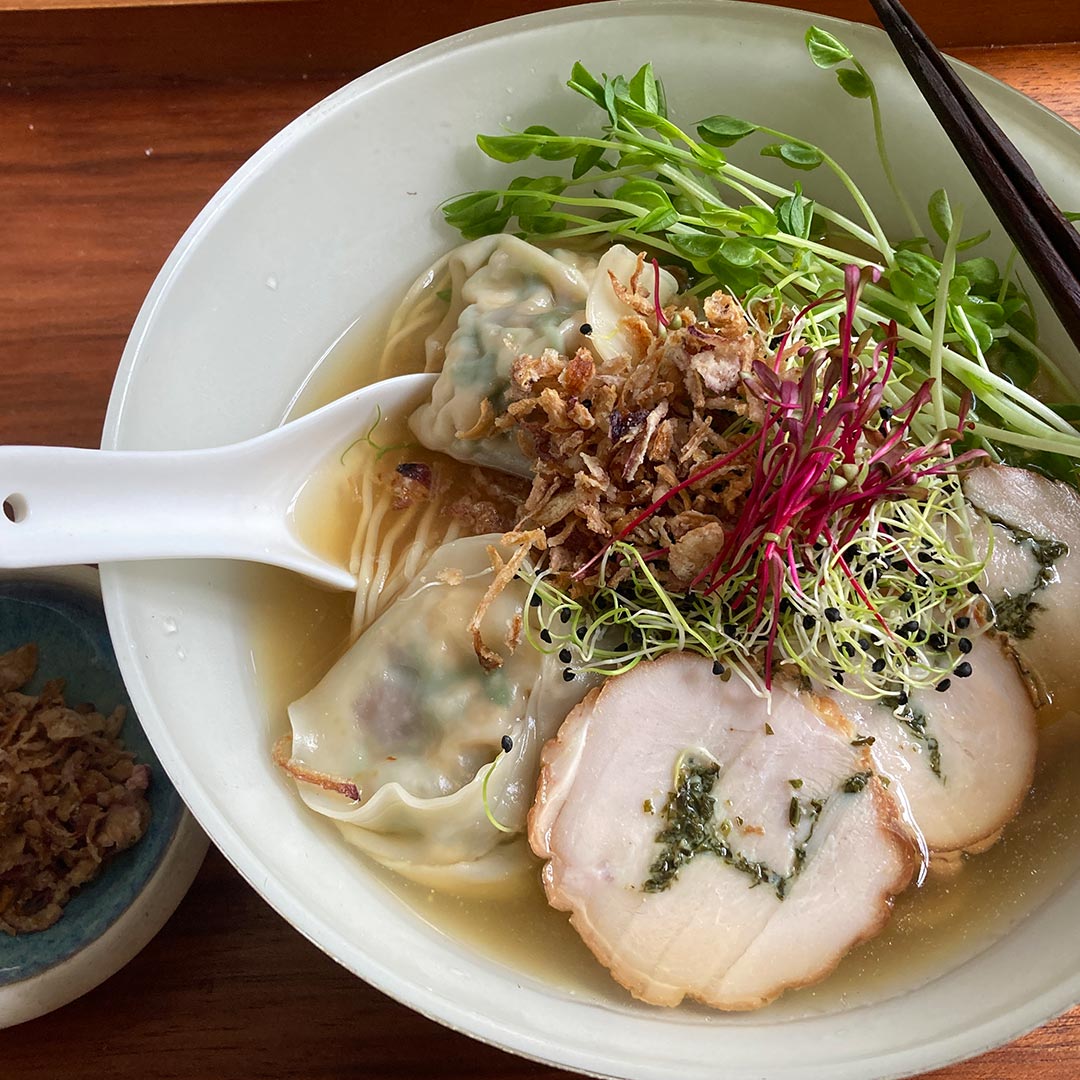 Snow Pea Wonton Noodle Soup with Sprouts