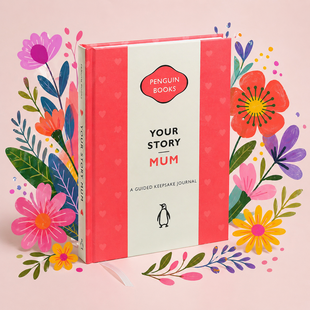 Floral decorated book titled 'Your Story Mum' by Penguin Books on a pink background